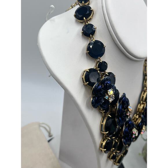 J. Crew Midnight Blue Glitter Floral Rhinestone Waterfall Statement Bib Necklace - Picture 12 of 16